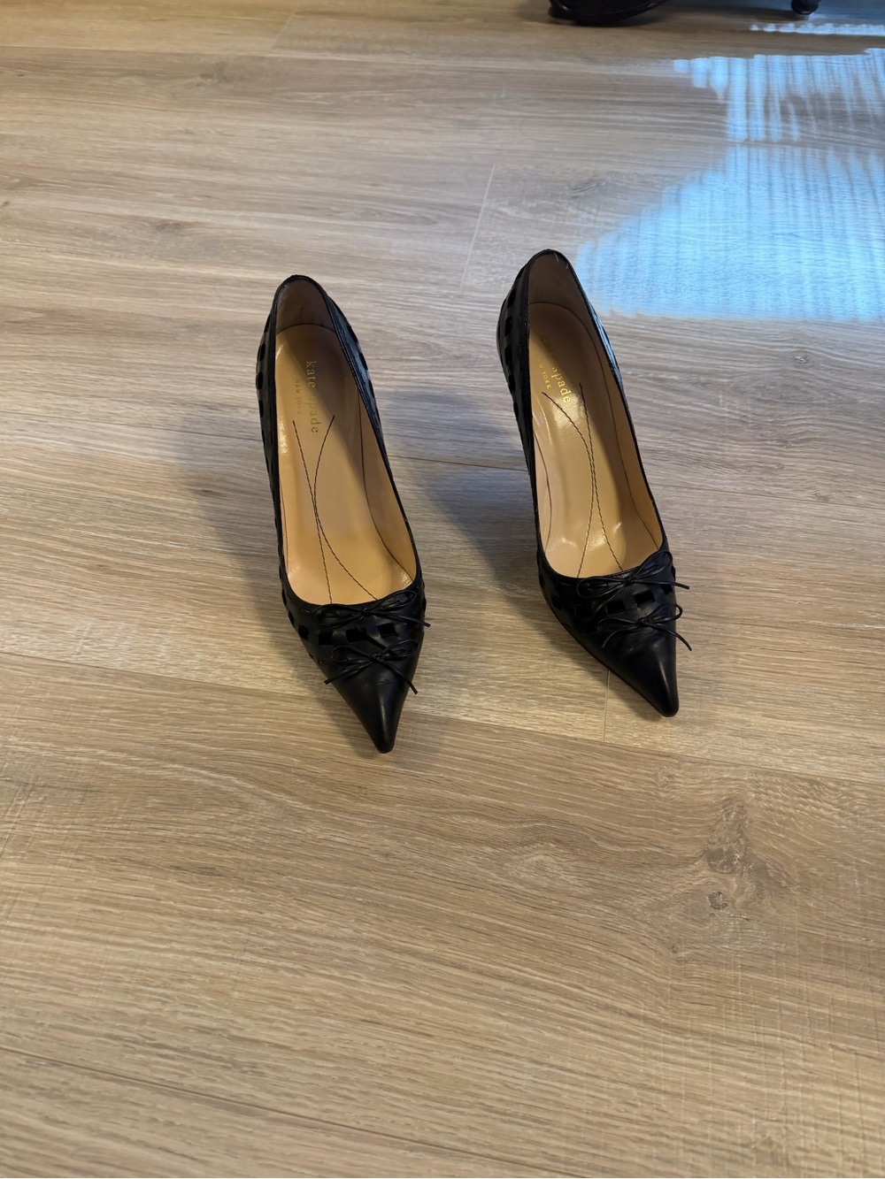 Kate Spade Black Pointed Lace-Up Pumps with Woven Detail
